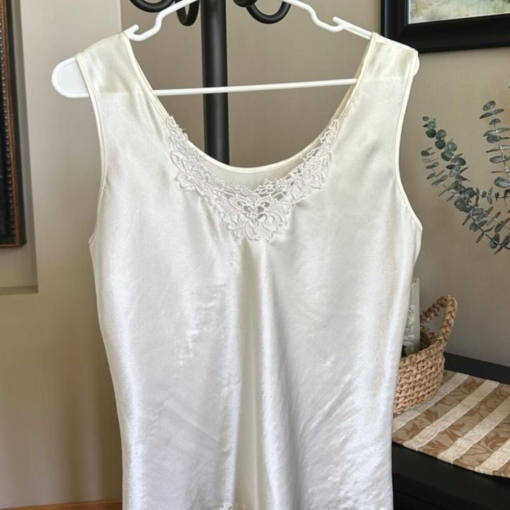 Vintage Ivory Satin Lace Trim Nightgown Slip Dress Sleeveless Top Lingerie